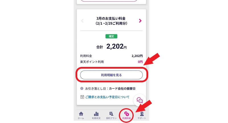 画面下部にある「利用料金」タブを選択して、「利用明細を見る」をタップの説明